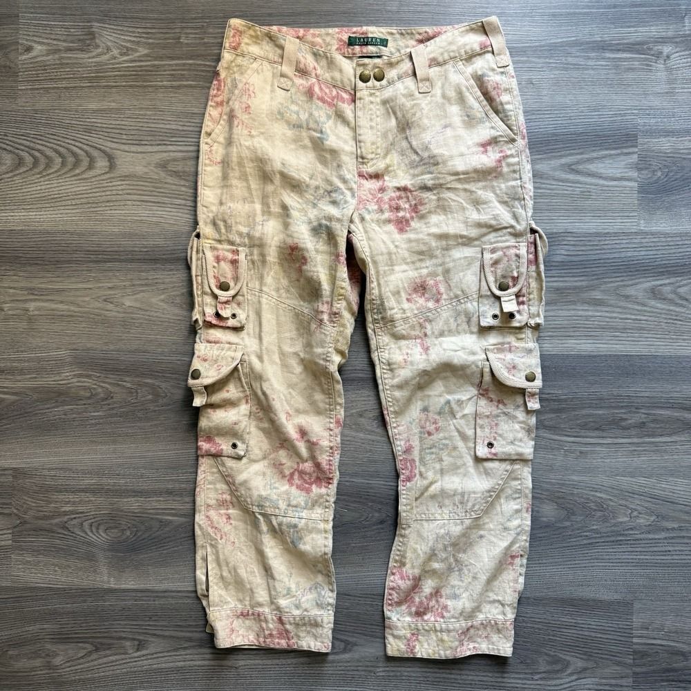 Vintage Lauren Ralph Lauren Linen Pants Cargo Floral Paratrooper Womens Size 6